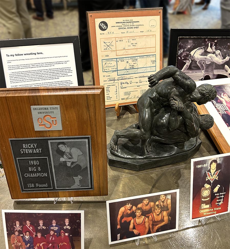 Part of Ricky Stewart’s display. Includes scoresheet when he pinned Schultz in NCAA finals. Photo by Mark Kirk.